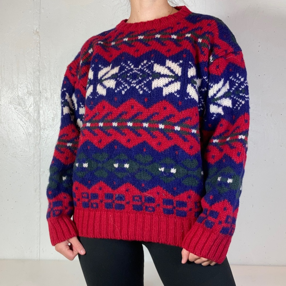 Vintage American Eagle Bright Red + Blue Knit Winter Nordic Crewneck Sweater